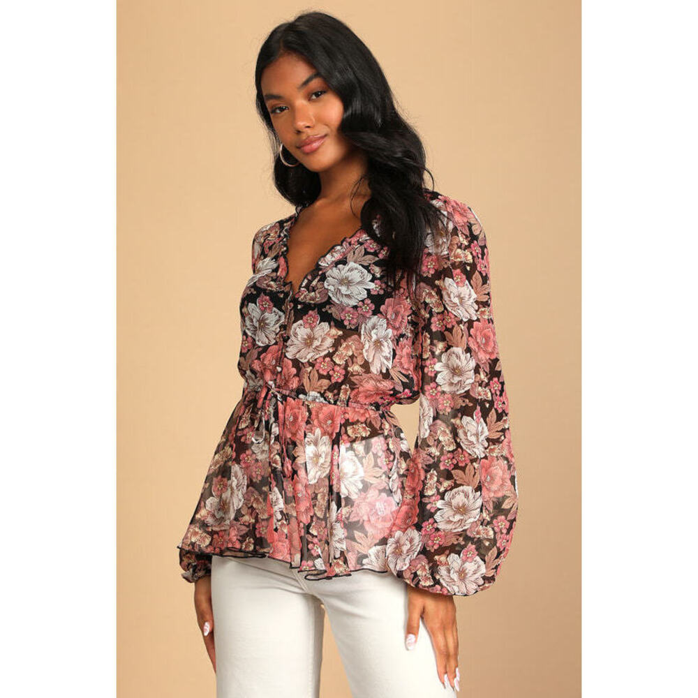 Lulus Exceed Expectations Black Multi Floral Print Long Sleeve Top - Size S